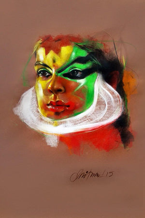 Expression (Kathakali Portrait) by Mithun Dutta, Original Mixed Media Figurative Painting on Canvas, Small Vertical Wall Art
