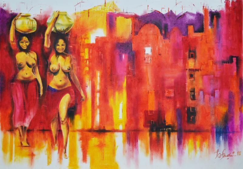 Nude oil pastel painting titled 'Expressions Of Emancipation 2', 25x36 inches, by artist Tejinder Ladi Singh on Paper