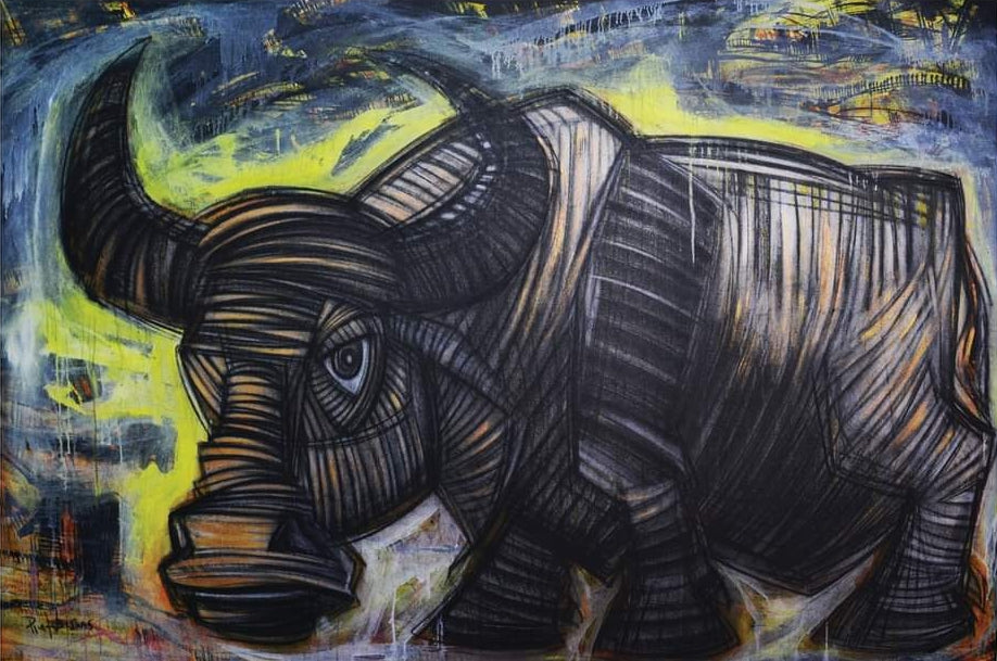 'The External 1 Struggle' animals acrylic-charcoal painting by artist Pintu Biswas, 60x90 inch, on canvas