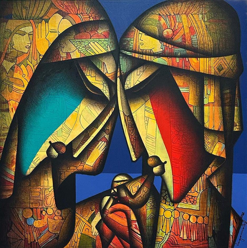 Figurative acrylic charcoal painting titled 'External Love 2', 48x48 inches, by artist Jagannath Paul on Canvas