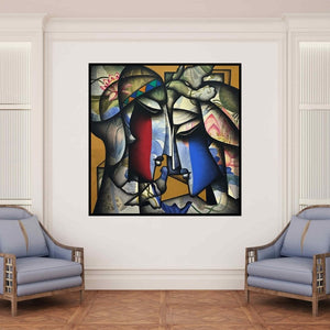 In-situ view of Jagannath Paul's 'External Love (Celestial Embrace)' painting in a room