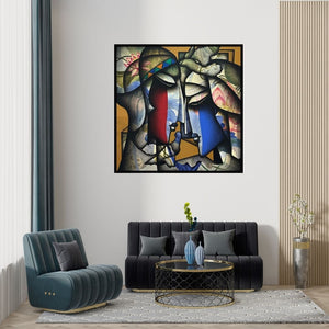 Preview of 'External Love (Celestial Embrace)' Painting by Jagannath Paul shown on a wall in a furnished room.