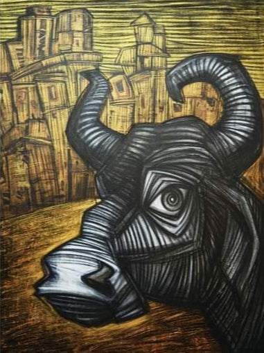 'The External Struggle 3' animals acrylic-charcoal painting by artist Pintu Biswas, 48x36 inch, on canvas