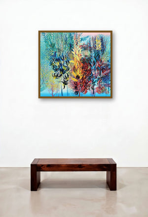 Exuberance Xvii (Exuberance XVII: A Celebration of Natures Abundance) by artist Kishore Kumar Sahu displayed in a Mid-Century Modern Home Office