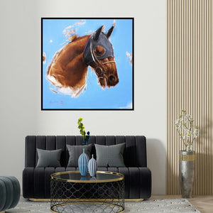 Aditya Shirke's 'An Eye For Detail (Equine Majesty)' painting visualized above a sofa in a contemporary room.