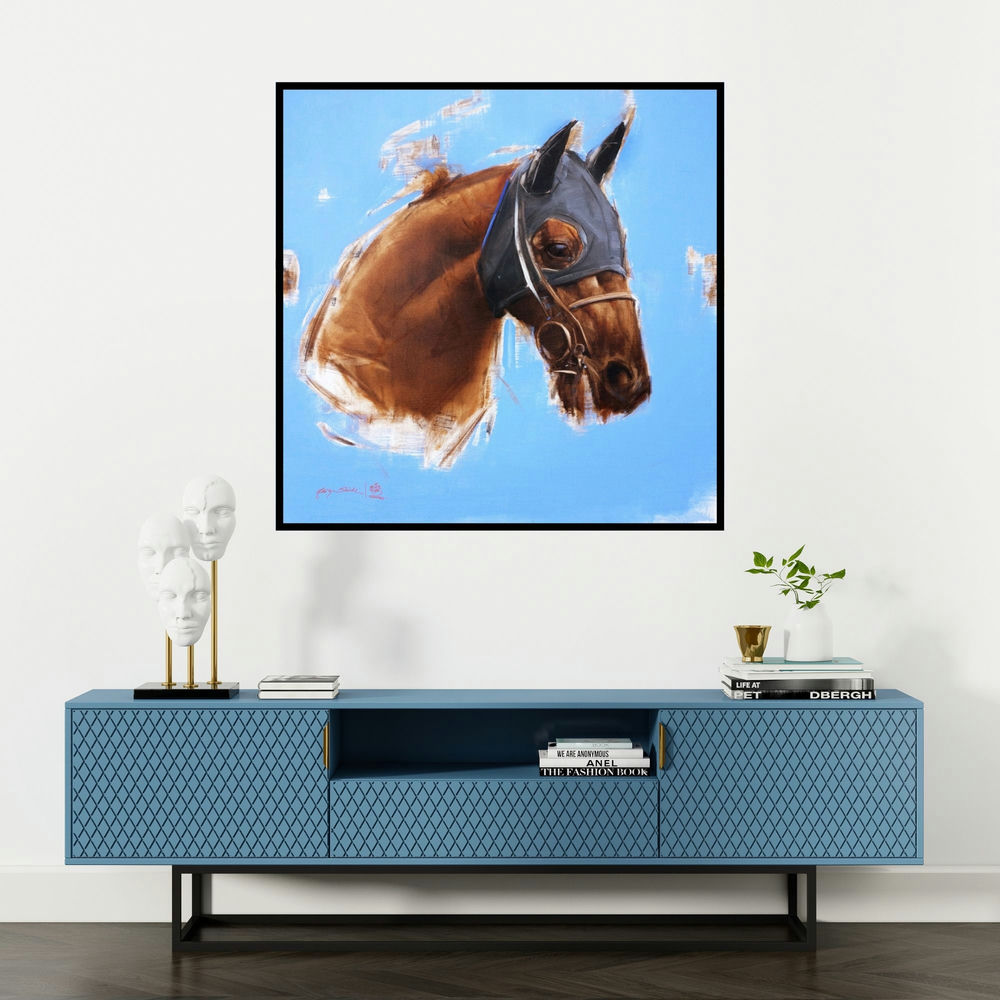 'An Eye For Detail (Equine Majesty)' painting by Aditya Shirke shown on a wall in a furnished room.