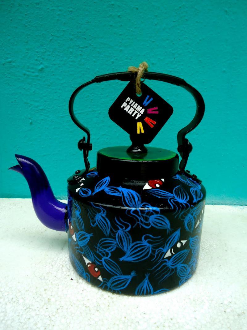 Lifestyle craft titled 'Eye Spy Tea Kettle', 9x9x7 inches, by artist Rithika Kumar on Aluminium