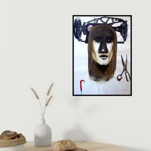 Avi Roy's 'Face 1 (The Seamstress)' painting visualized above a sofa in a contemporary room.