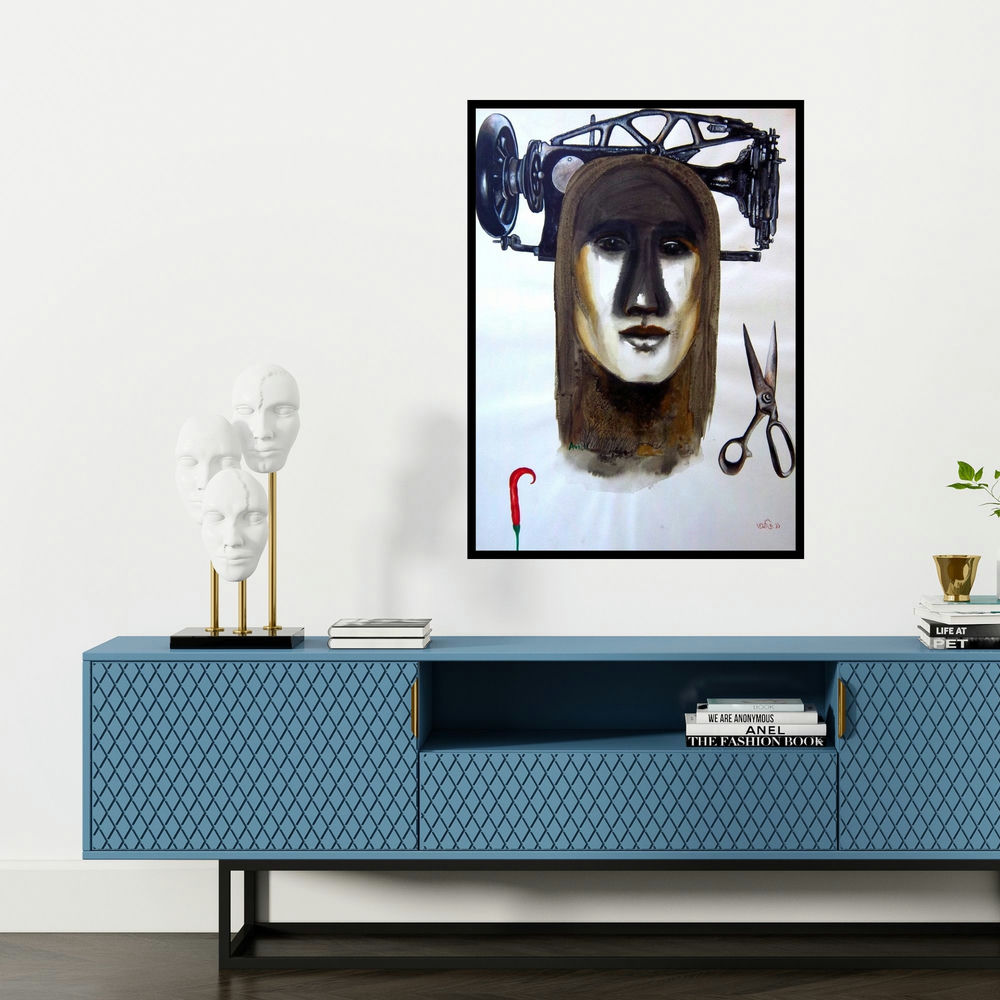 'Face 1 (The Seamstress)' painting by Avi Roy shown on a wall in a furnished room.