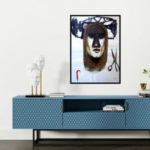 'Face 1 (The Seamstress)' painting by Avi Roy shown on a wall in a furnished room.