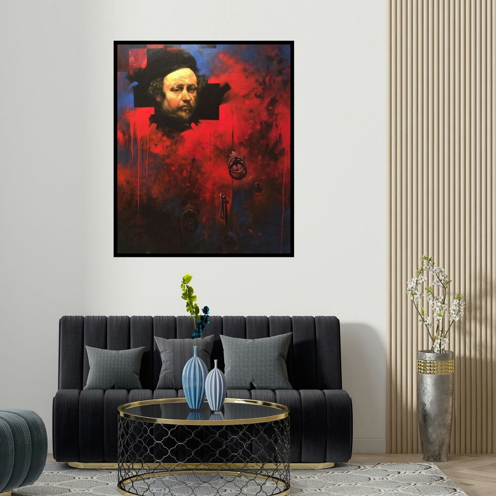 'Face 2' painting by Bappa Haldar shown on a wall in a furnished room.