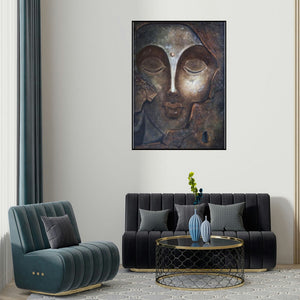 Manoj Muneshwar's 'The Face I (Inner Peace)' painting visualized above a sofa in a contemporary room.