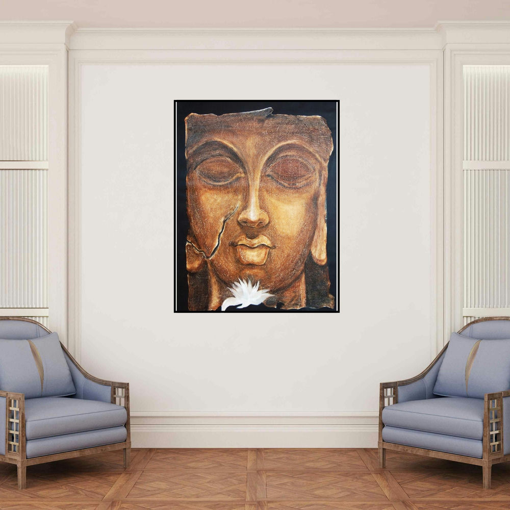 'The Face Ii (Buddha Timeless Serenity)' painting by Manoj Muneshwar shown on a wall in a furnished room.