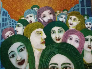 Face In The Crowd (A City Symphony) by Sambuddha Gupta, Original Acrylic Fantasy Painting on Canvas, Medium Horizontal Wall Art