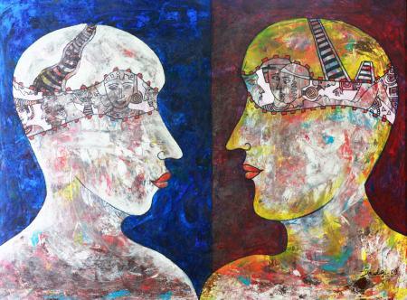 Figurative acrylic painting titled 'Face To Face', 36x24 inches, by artist DADA on Canvas
