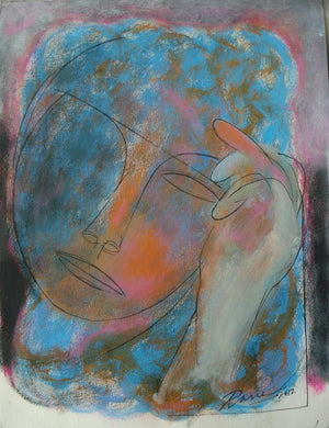 Face3 (Inner Musings) by D S Rane, Original Mixed Media Figurative Painting on Paper, X-Small Vertical Wall Art
