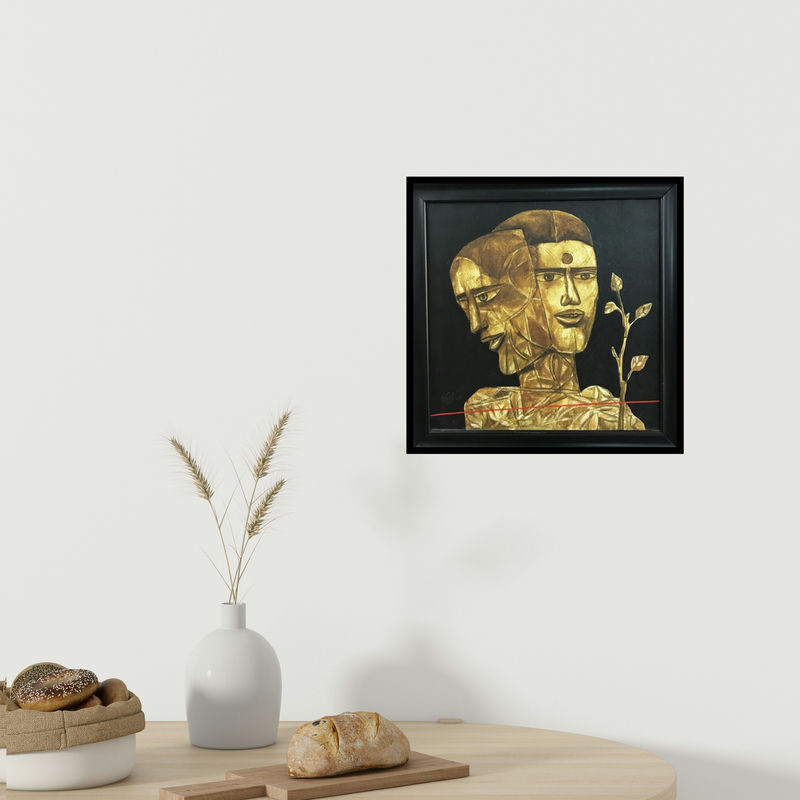 In-situ view of Laxman Aelay's 'Faces 1' painting in a room