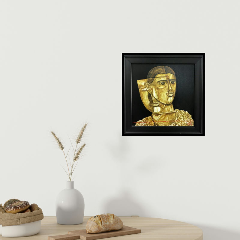 In-situ view of Laxman Aelay's 'Faces 4' painting in a room