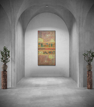 Preview of 'Faded Wall 1 (Persian Tapestry)' Painting by Krishnal Fulwala shown on a wall in a furnished room.