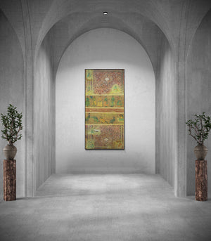Krishnal Fulwala's painting 'Faded Wall 2 (A Tapestry of Time)' displayed in a modern living room setting