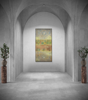 In-situ view of Krishnal Fulwala's 'Faded Wall 3 (A Tapestry of Time)' painting in a room