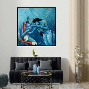 Samir Sarkar's 'Fairy Love' painting visualized above a sofa in a contemporary room.