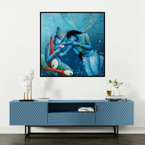 'Fairy Love' painting by Samir Sarkar shown on a wall in a furnished room.