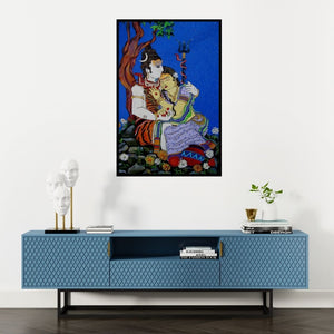Preview of 'Faith (Shiva and Parvati's Embrace)' Painting by Someshwar shown on a wall in a furnished room.