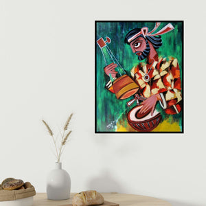 Sharmi Dey's 'Fakir' painting visualized above a sofa in a contemporary room.