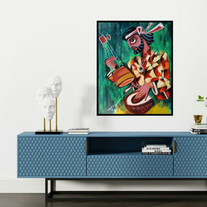'Fakir' painting by Sharmi Dey shown on a wall in a furnished room.