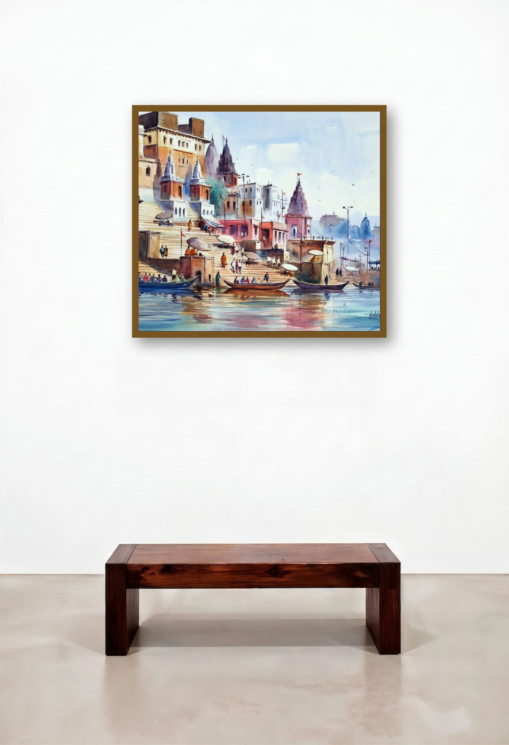 Fall In Love With Banaras (Eternal Varanasi) by artist Gulshan Achari displayed in a Mid-Century Modern Lounge