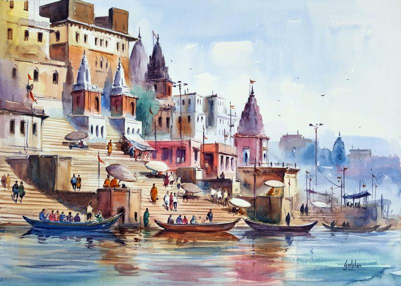 Cityscape watercolor painting titled 'Fall In Love With Banaras', 15x21 inches, by artist Gulshan Achari on Paper