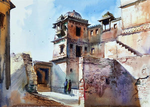 Cityscape watercolor painting titled 'Fall In Love With Chittorgarh Fort', 12x16 inches, by artist Gulshan Achari on Paper