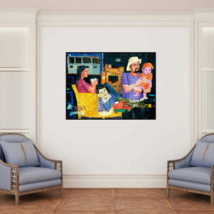 'A Family (The City in Motion)' painting by Azizur Rahman shown on a wall in a furnished room.