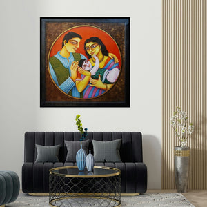 Gautam Mukherjee's 'Family 2' painting visualized above a sofa in a contemporary room.