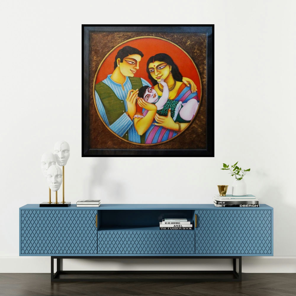 'Family 2' painting by Gautam Mukherjee shown on a wall in a furnished room.