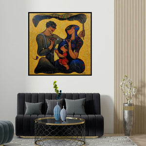 Ramesh Gujar's 'Family 2 (Family Bonds)' painting visualized above a sofa in a contemporary room.