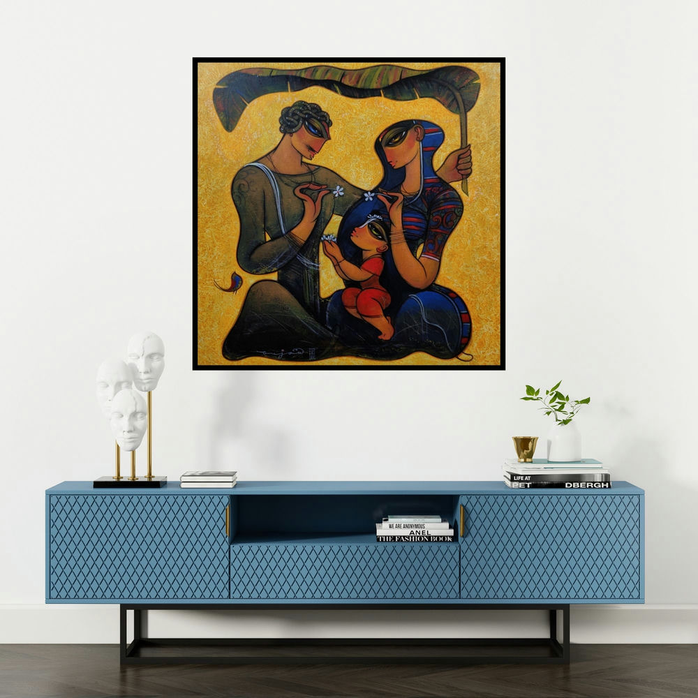 'Family 2 (Family Bonds)' painting by Ramesh Gujar shown on a wall in a furnished room.