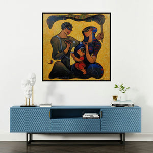 'Family 2 (Family Bonds)' painting by Ramesh Gujar shown on a wall in a furnished room.