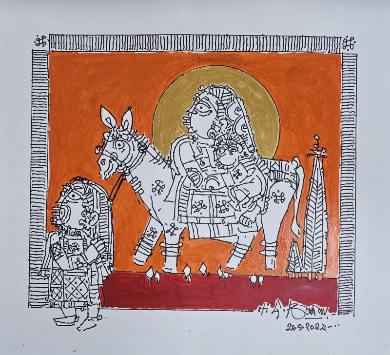 Family 2' figurative acrylic painting by artist G Raman, 13x14 inch, on paper