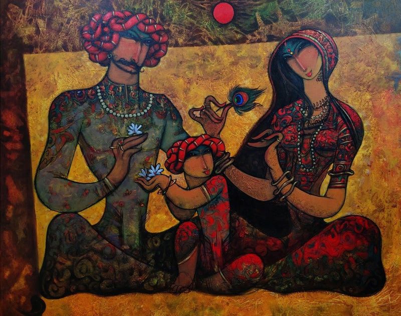Family 2' figurative acrylic painting by artist Ramesh Gujar, 51x62 inch, on canvas