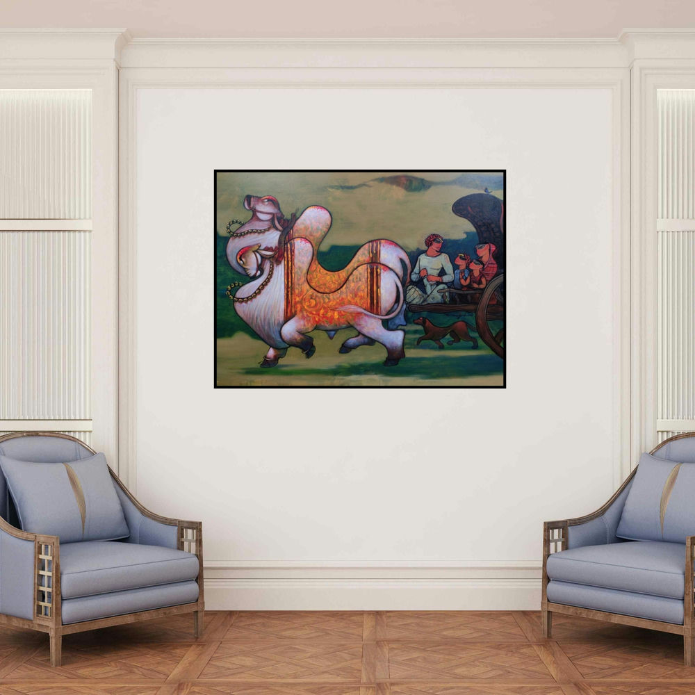 'Family (Rustic Journey)' painting by Ramesh Gujar shown on a wall in a furnished room.