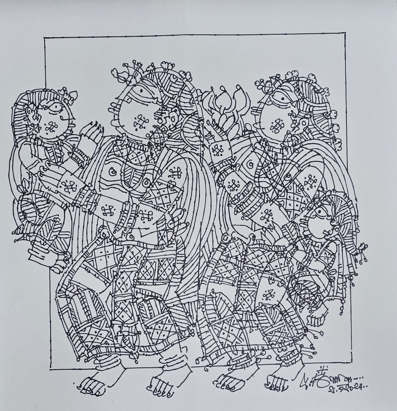 Family' figurative pen-ink painting by artist G Raman, 13x14 inch, on paper