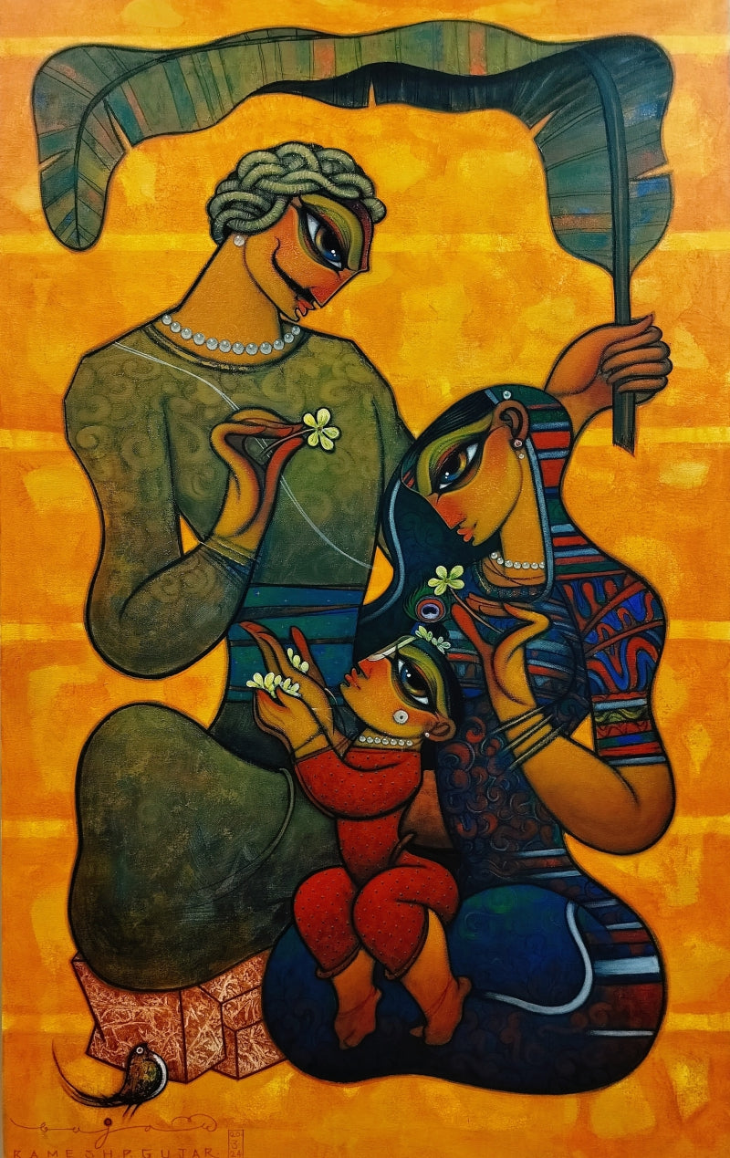 Family' figurative acrylic painting by artist Ramesh Gujar, 60x36 inch, on canvas