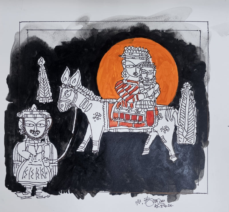 Family 3' figurative acrylic painting by artist G Raman, 13x14 inch, on paper