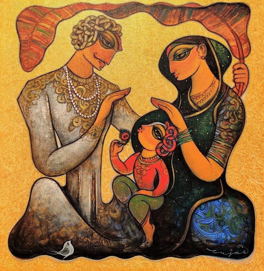 Figurative acrylic painting titled 'Family 9', 24x24 inches, by artist Ramesh Gujar on Canvas