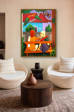Family Gossip (Courtyard Conversation) by artist V V Swamy displayed in a Contemporary gallery