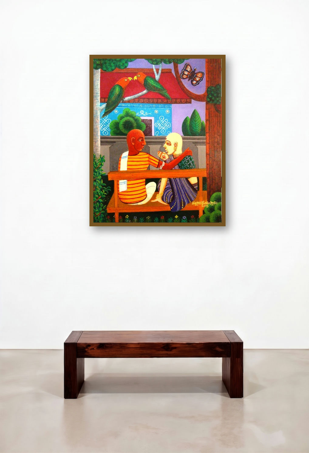 Family Gossip (Courtyard Conversation) by artist V V Swamy displayed in a Art Deco Foyer