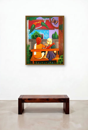 Family Gossip (Courtyard Conversation) by artist V V Swamy displayed in a Art Deco Foyer