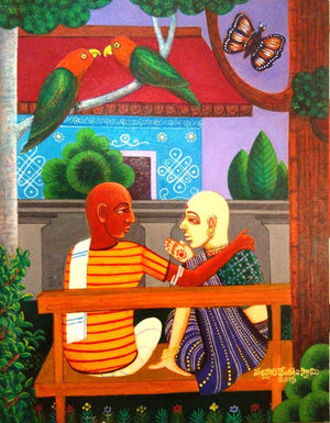 Family Gossip (Courtyard Conversation) by V V Swamy, Original Acrylic Figurative Painting on Canvas, Small Vertical Wall Art